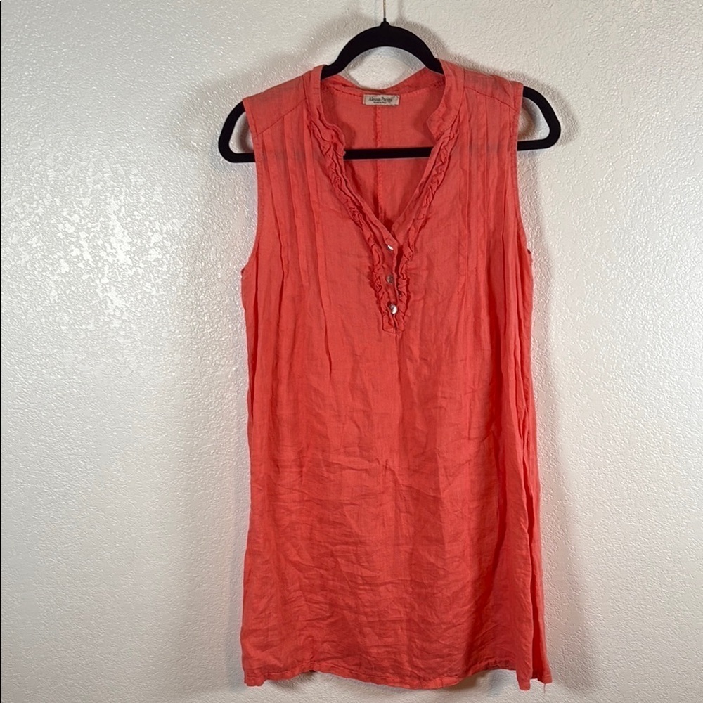 Alessia Pacini Coral Linen Shift Dress Mother of Pearl Buttons Size Small